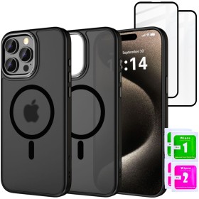 Etui do iPhone 16 PRO + 2szt Szkło 5D 9H WZMACNIANE 360° do MagSafe CZARNE