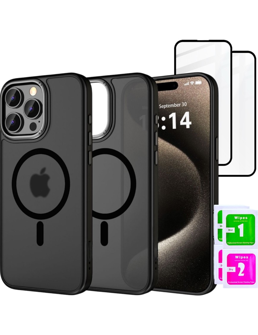 Etui do iPhone 16 PRO + 2szt Szkło 5D 9H WZMACNIANE 360° do MagSafe CZARNE
