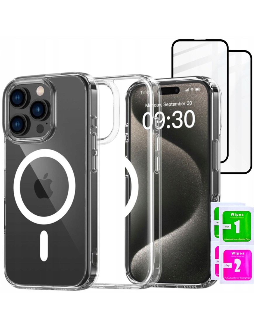 Etui Do iPhone 16 Pro +2szt Szkło 5D9H WZMACNIANE 360° do MAGSAFE bezbarwny
