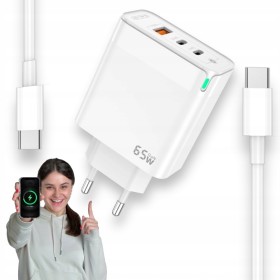 ŁADOWARKA SIECIOWA SZYBKA 65W GaN USB QC 2x USB-C UNIWERSALNA + KABEL USB C