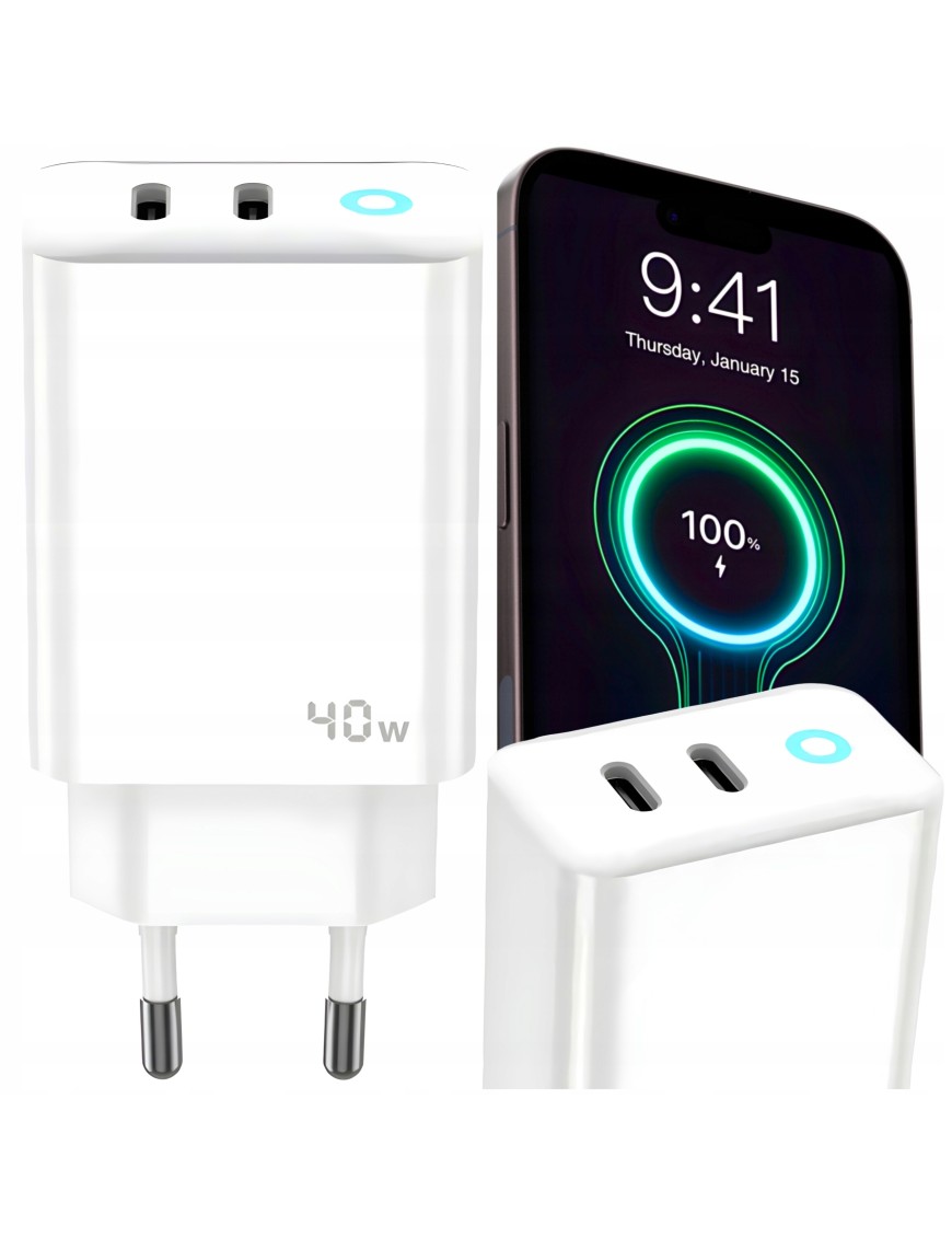 ŁADOWARKA SIECIOWA SZYBKA 40W GaN QUICK CHARGE PD USB C MOCNA UNIWERSALNA