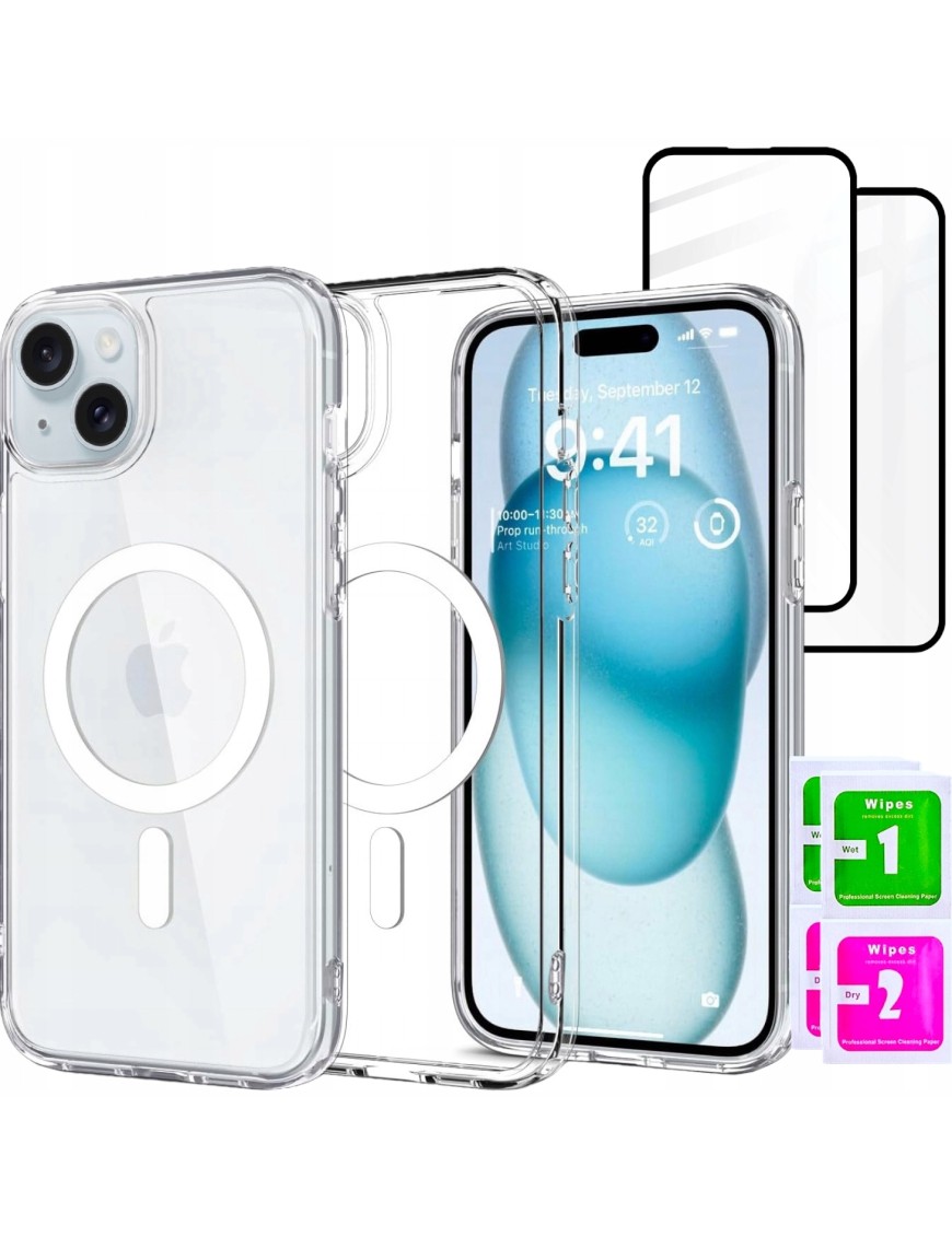 Etui do iPhone 15 +2szt Szkło 5D 9H WZMACNIANE do MagSafe przezroczysty
