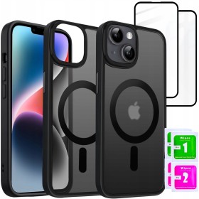 Etui do iPhone 15 + 2szt Szkło 5D 9H WZMACNIANE 360° do MagSafe MATT CZARNE