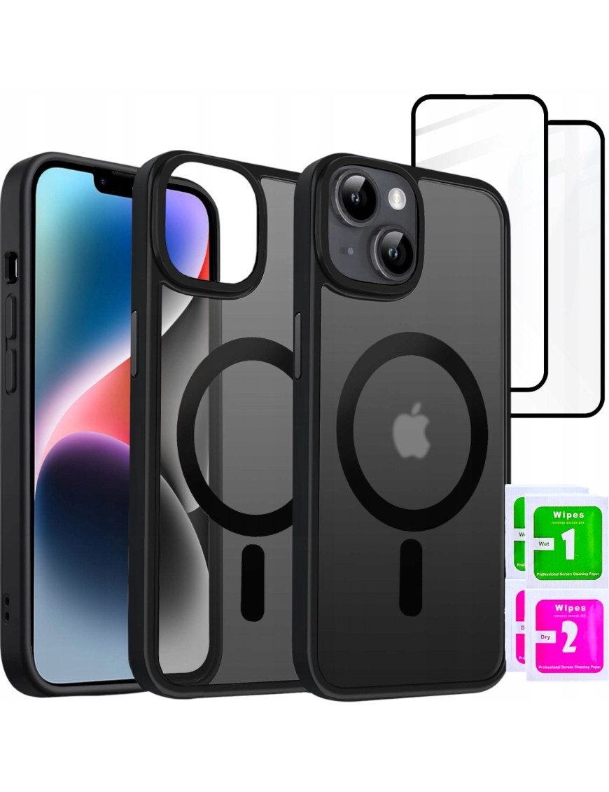 Etui do iPhone 15 + 2szt Szkło 5D 9H WZMACNIANE 360° do MagSafe MATT CZARNE