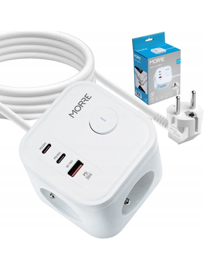 Przedłużacz z ładowarką USB PD QC 3xAC 2xUSB-C 1xUSB ON/OFF kabel 1.5 metra