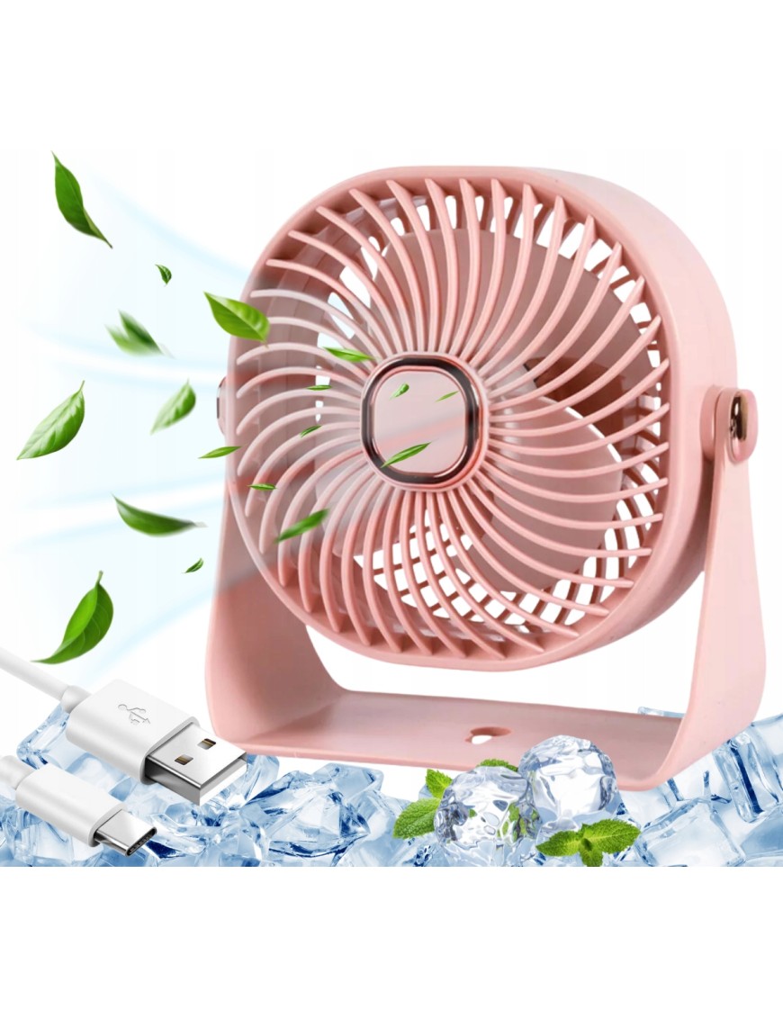Mini wentylator biurkowy mały WIATRAK stołowy BEZPRZEWODOWY DO DOMU RÓŻOWY