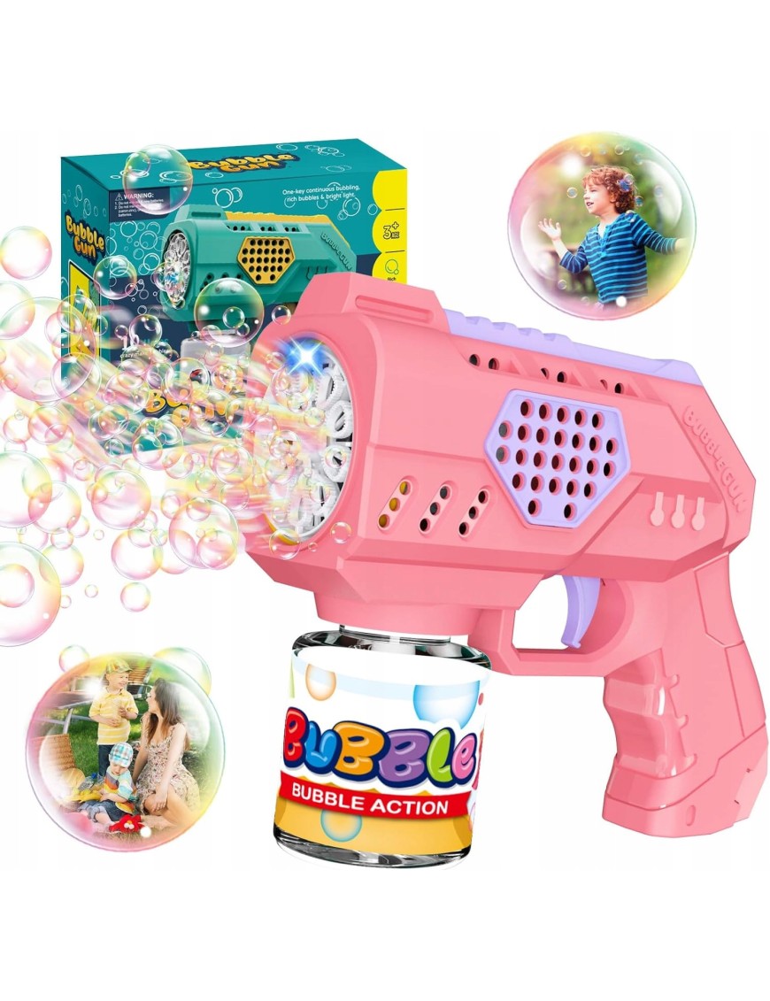 PISTOLET NA BAŃKI MASZYNA DO BANIEK NA BATERIE + PŁYN + 4szt BATERIE Różowy