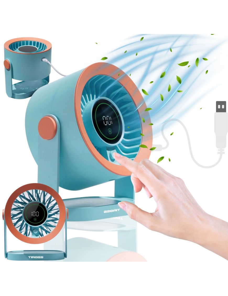 WIATRAK biurkowy USB-C mini wentylator stołowy cichy mocny LCD przewodu