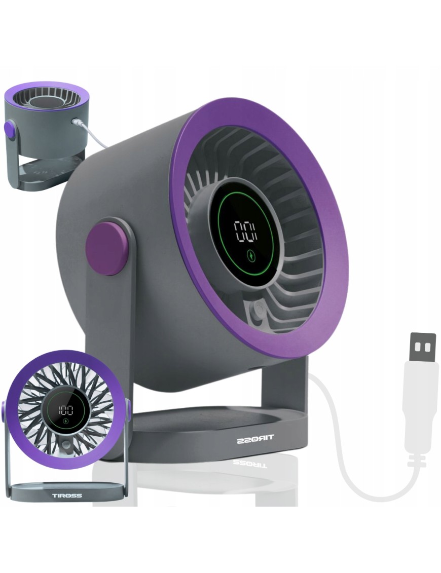 WIATRAK biurkowy USB-C mini wentylator cichy mocny LCD WIATRACZEK fioletowy