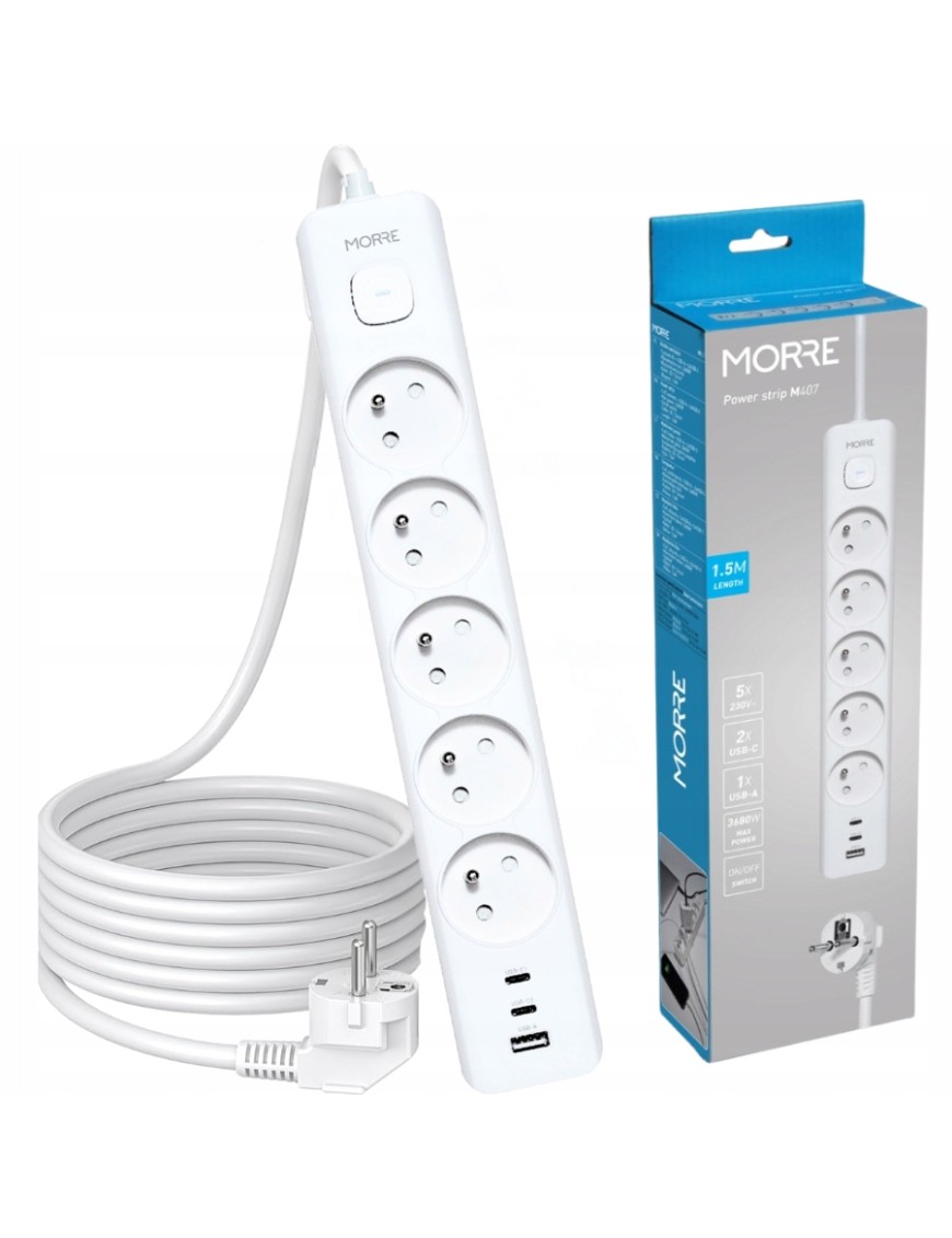 Listwa zasilająca 5xAC 2xUSB-C 1xUSB-A ON/OFF 1.5m 3680W ładowarka USB
