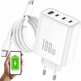 Szybka ładowarka GaN 100W 3xUSB-C 1xUSB PD QC3.0 laptop tablet + kabel 1.5M