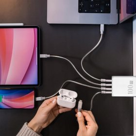 Szybka ładowarka GaN 100W 3xUSB-C 1xUSB PD QC3.0 laptop tablet + kabel 1.5M