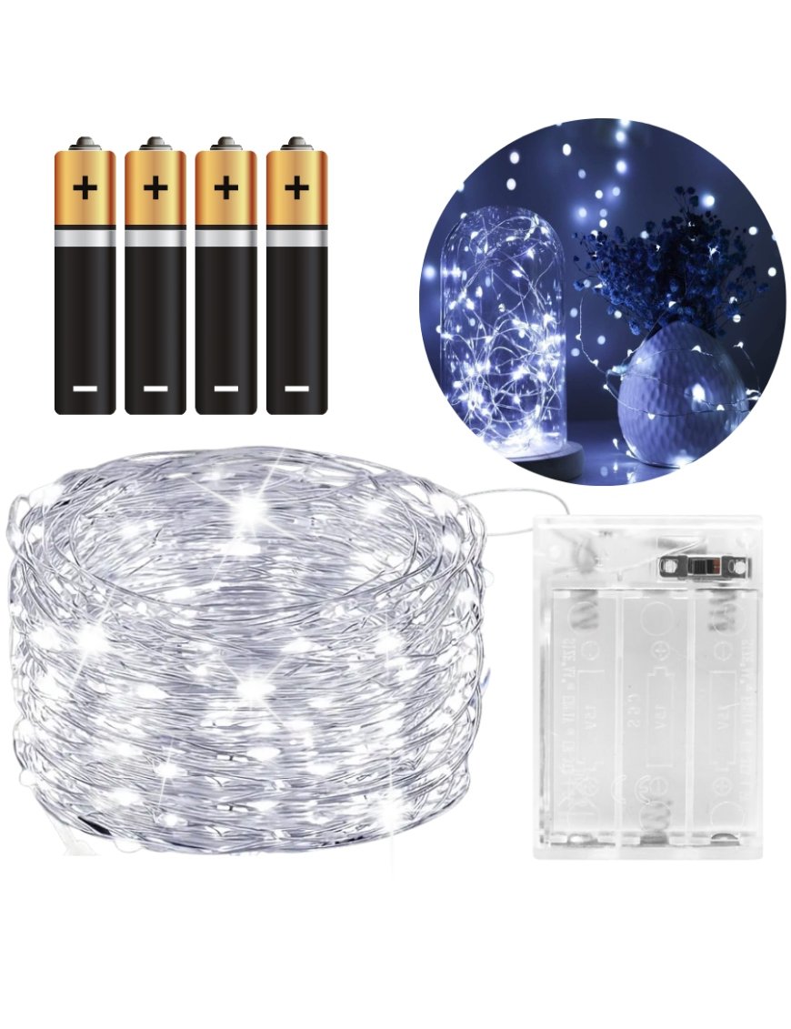 LAMPKI LED DRUCIK 10 METRÓW 100 LED NA BATERIE MIKRO ŚWIATEŁKA ZIMNY BIAŁY