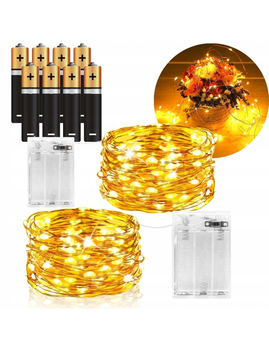 2 x LAMPKI LED DRUCIKI 10M 100LED NA BATERIE MIKRO ŚWIATEŁKA BIAŁE CIEPŁE