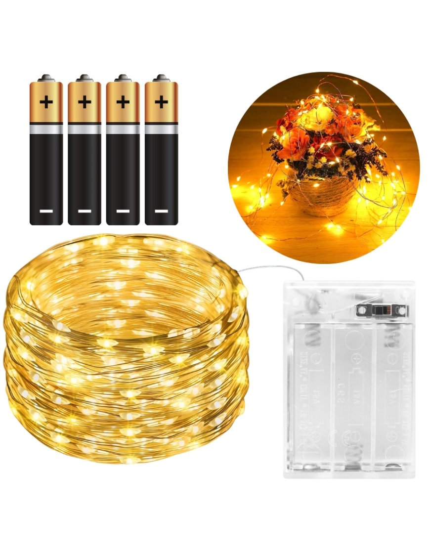 LAMPKI LED DRUCIK 10 METRÓW 100 LED NA BATERIE MIKRO ŚWIATEŁKA BIAŁE CIEPŁE