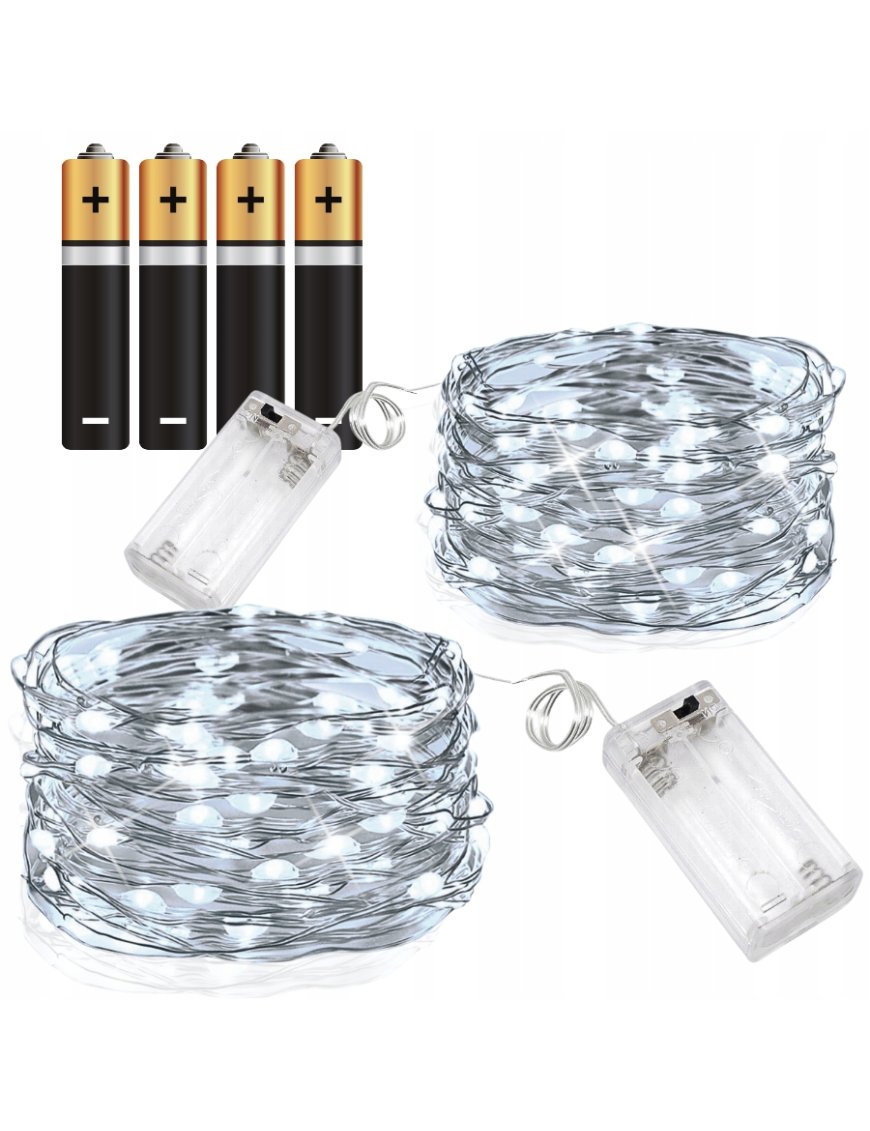 2szt X LAMPKI LED DRUCIKI 5 M 50 LED NA BATERIE MIKRO ŚWIATEŁKA ZIMNY BIAŁY