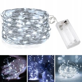 LAMPKI LED DRUCIKI 5 METRÓW 50 LED NA BATERIE MIKRO ŚWIATEŁKA ZIMNY BIAŁY