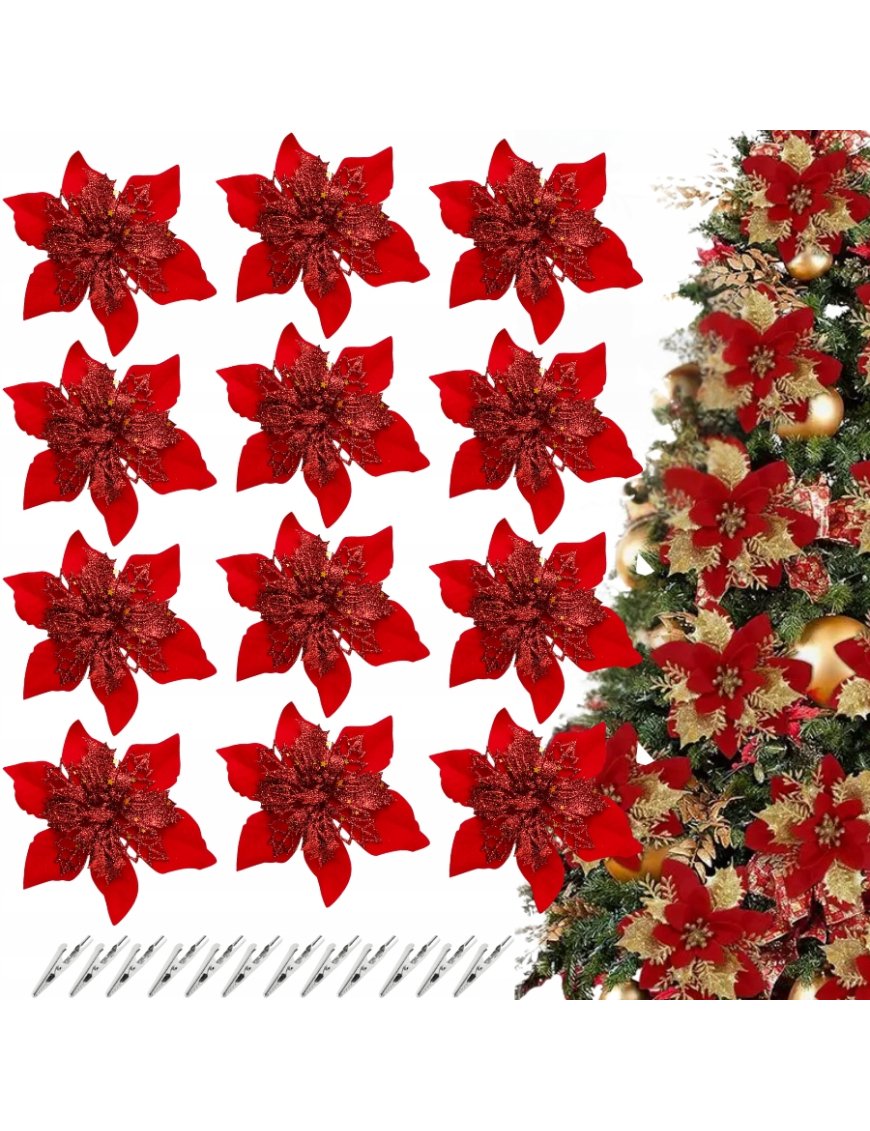 12X SZTUCZNE KWIATY DEKORACJE BOŻE NARODZENIE NA CHOINKĘ GWIAZDA PREZENTY