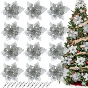 12 X SZTUCZNE KWIATY DEKORACJE BOŻE NARODZENIE NA CHOINKĘ GWIAZDA PREZENTY