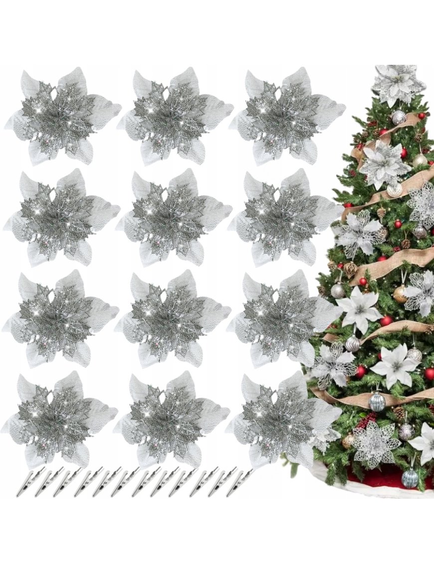 12 X SZTUCZNE KWIATY DEKORACJE BOŻE NARODZENIE NA CHOINKĘ GWIAZDA PREZENTY