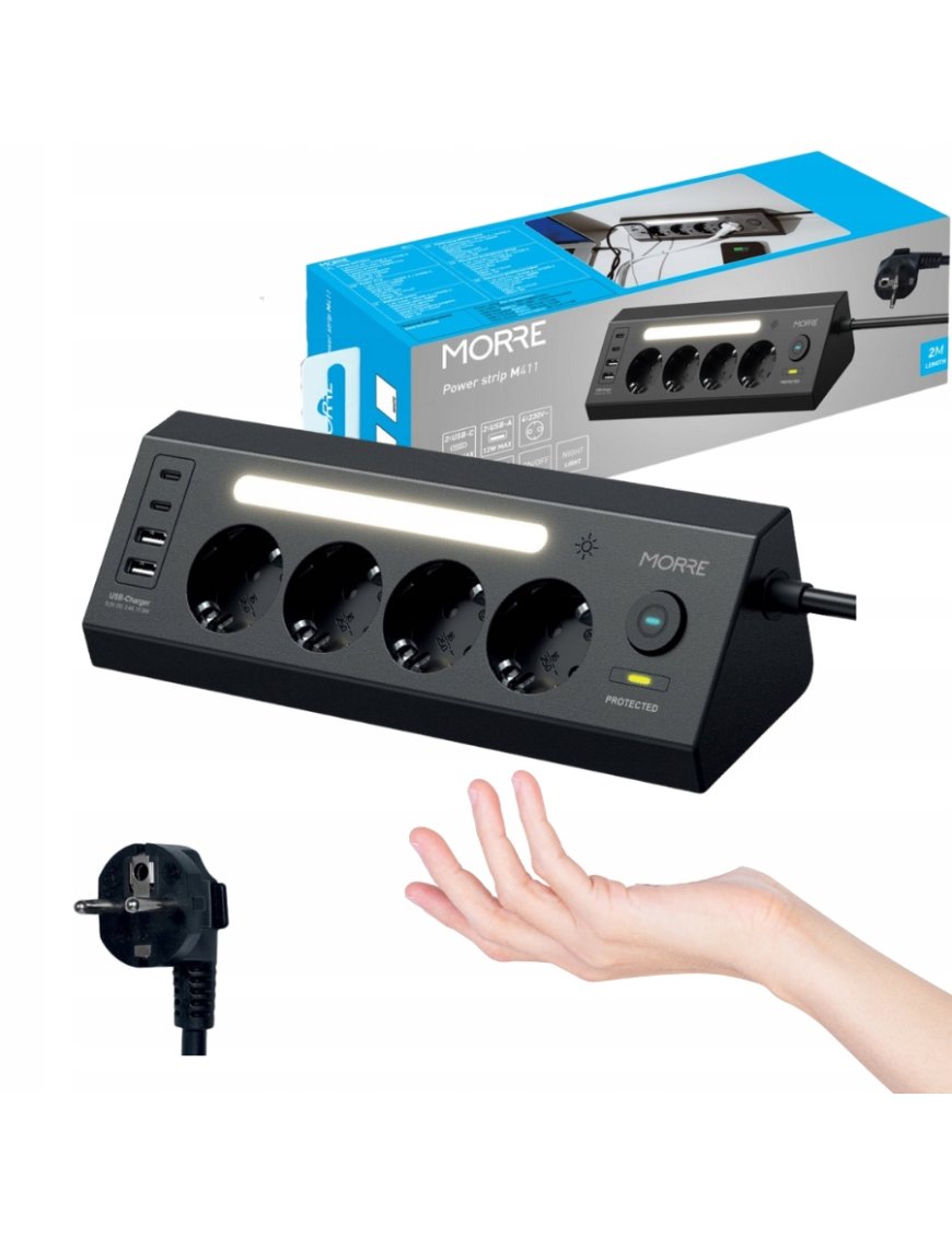listwa zasilająca narożna 4xAC 2x USB-A 2x USB-C, lampa nocna, wyłącznik 2M