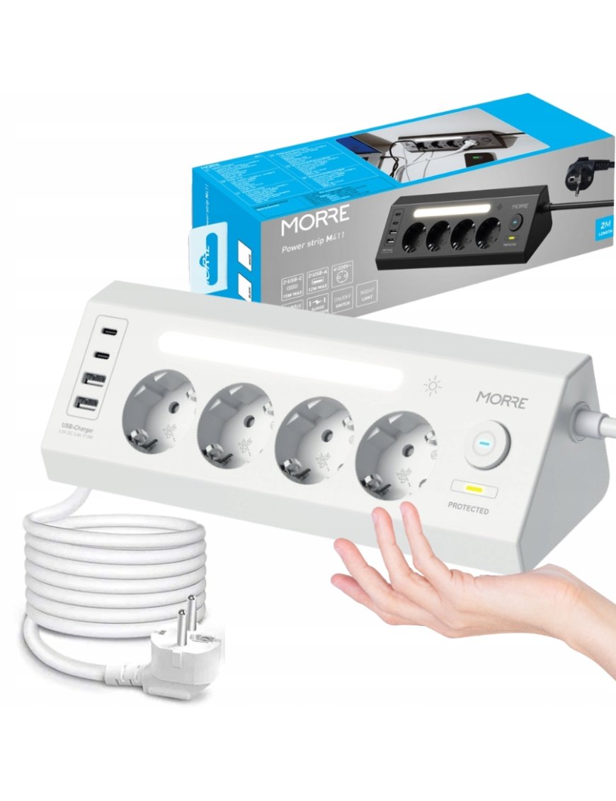 listwa zasilająca narożna 4xAC 2x USB-A 2x USB-C, lampa nocną, wyłącznik 2M