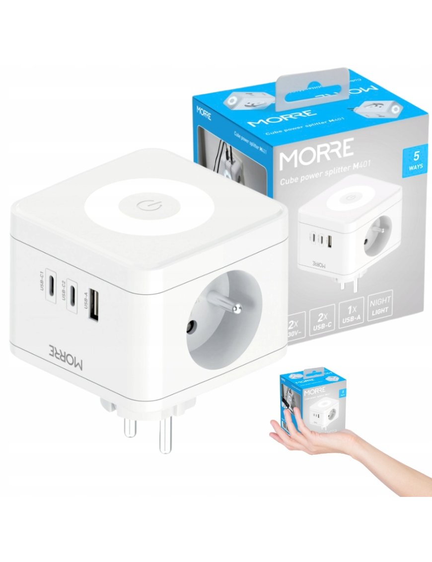 Przedłużacz Rozgałęźnik Kostka Trójnik Do Gniazdka Włącznik USB lampa nocna