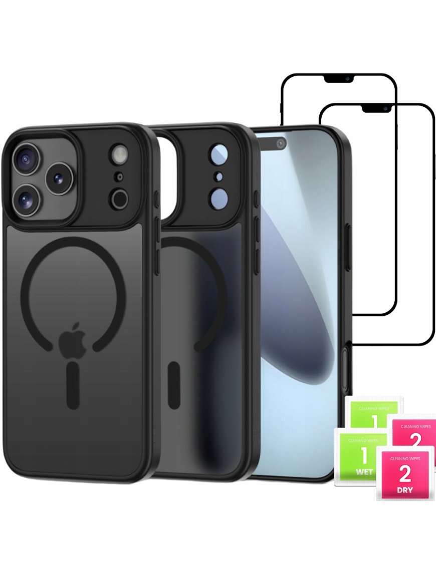 Etui do iPhone 17 PRO + 2szt Szkło 5D 9H WZMACNIANE 360° do MagSafe CZARNE