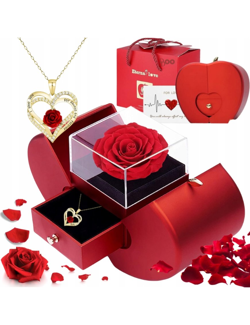 WIECZNA RÓŻA W SZKLE SZKATUŁCE NASZYJNIK PREZENT NA DZIEŃ WALENTYNKI KOBIET