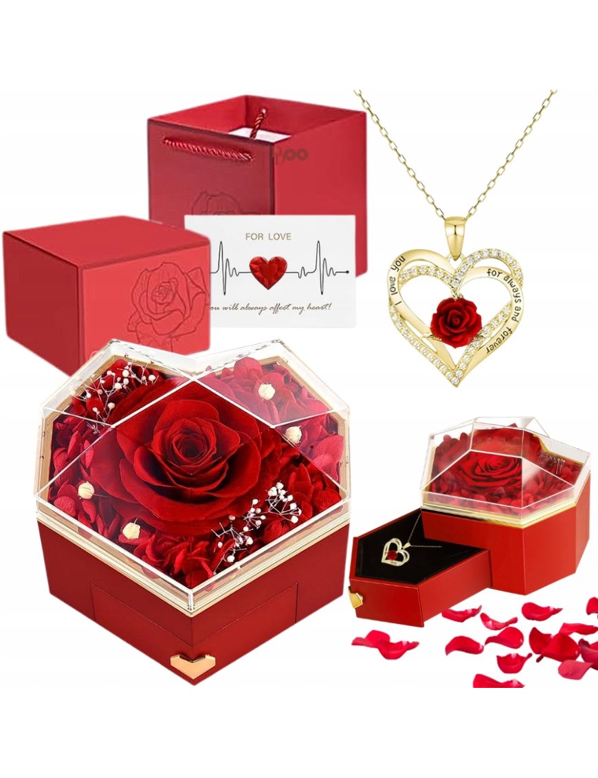 WIECZNA RÓŻA W SZKLE SZKATUŁCE NASZYJNIK PREZENT NA DZIEŃ WALENTYNKI KOBIET