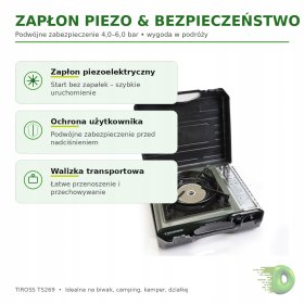 Kuchenka turystyczna gazowa ceramiczna TIROSS TS269 1,65 kW piezo w walizce