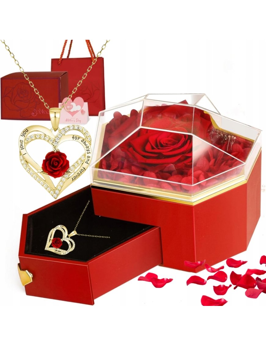WIECZNA RÓŻA W SZKLE SZKATUŁCE NASZYJNIK PREZENT NA DZIEŃ WALENTYNKI KOBIET
