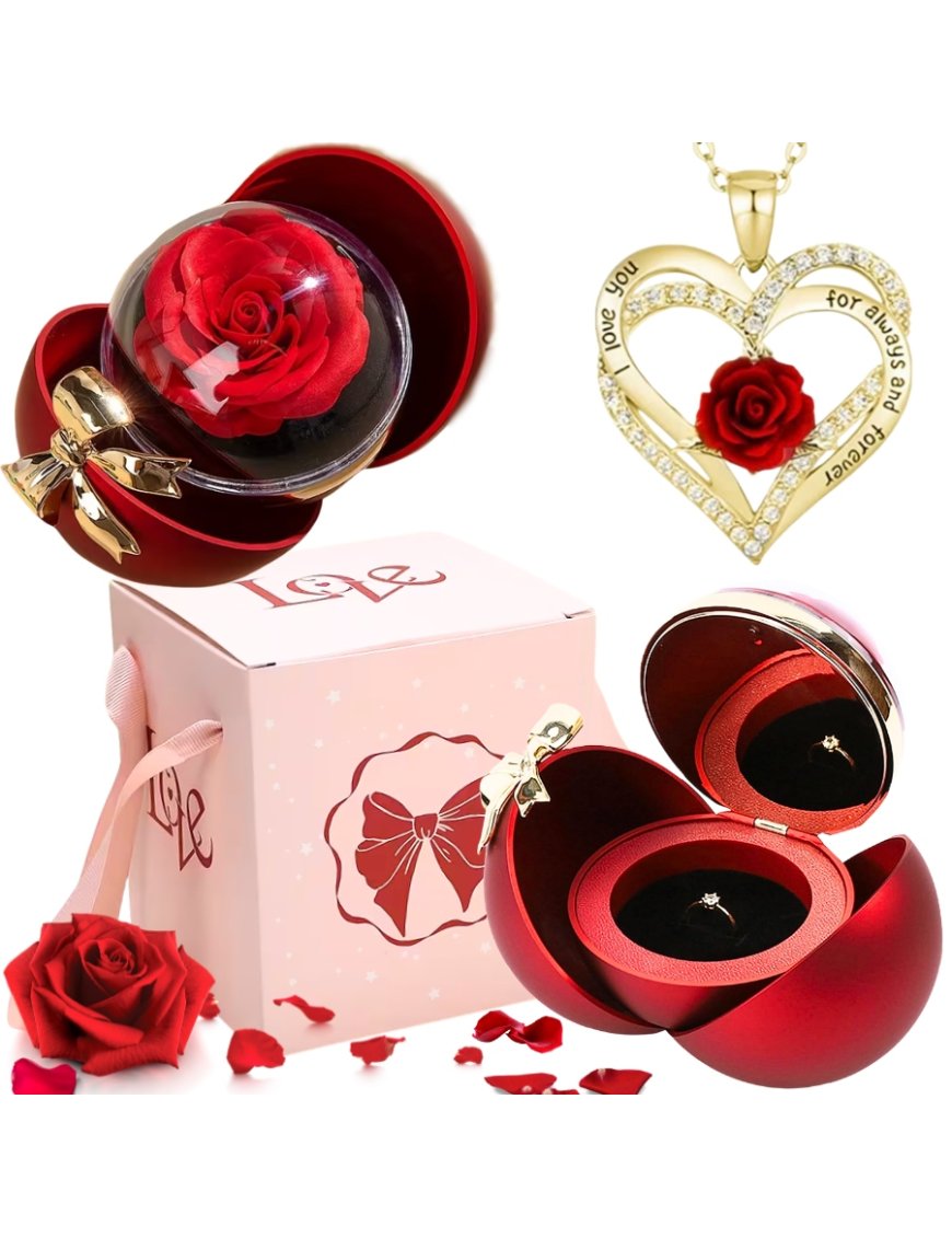 WIECZNA RÓŻA W SZKLE SZKATUŁCE NASZYJNIK PREZENT NA DZIEŃ WALENTYNKI KOBIET