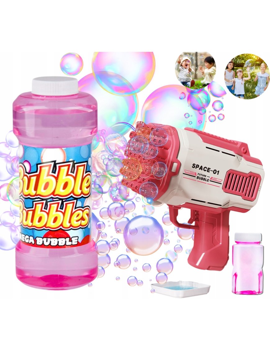 PISTOLET NA BAŃKI 32 otworów MASZYNA DO BANIEK NA BATERIE + PŁYN Czerwone