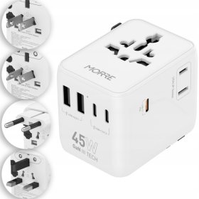 Adapter Podróżny 45W MORRE M471 Z Ponad 170 Narodów - 2 USB A 3 USB-C Biały