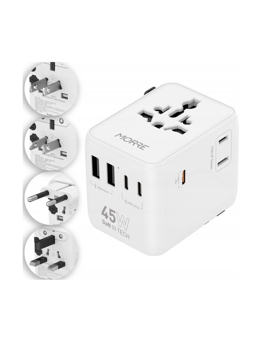 Adapter Podróżny 45W MORRE M471 Z Ponad 170 Narodów - 2 USB A 3 USB-C Biały