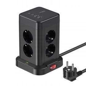 Wieżowa listwa zasilająca MORRE M413 12w1: 8 gniazd 230V + 2x USB-A + 2x USB-C, 3680W, przewód 2 m, czarna