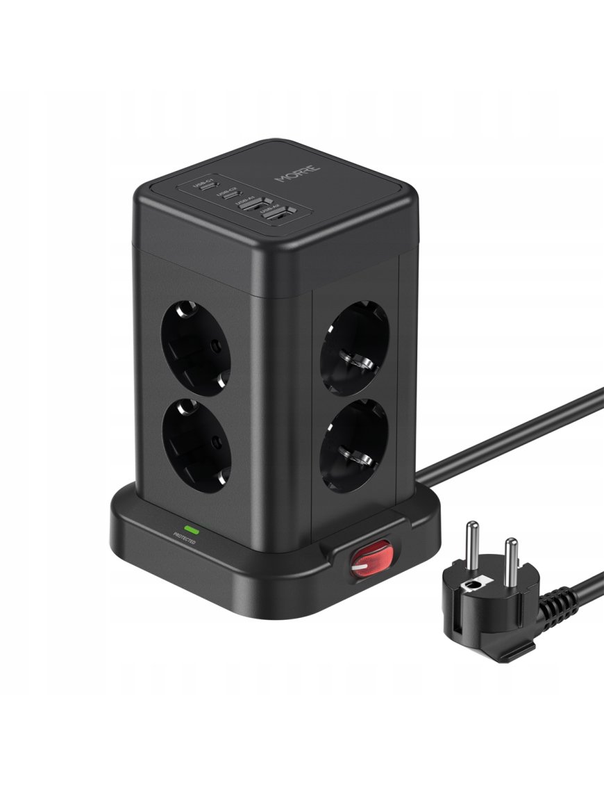 Wieżowa listwa zasilająca MORRE M413 12w1: 8 gniazd 230V + 2x USB-A + 2x USB-C, 3680W, przewód 2 m, czarna