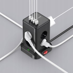 Wieżowa listwa zasilająca MORRE M413 12w1: 8 gniazd 230V + 2x USB-A + 2x USB-C, 3680W, przewód 2 m, czarna