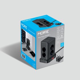 Wieżowa listwa zasilająca MORRE M413 12w1: 8 gniazd 230V + 2x USB-A + 2x USB-C, 3680W, przewód 2 m, czarna