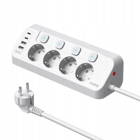 Narożna listwa zasilająca MORRE M412 8w1 – 4 gniazda 230 V + 2× USB-A + 2× USB-C, indywidualne wyłączniki, przewód 2 m, czarna