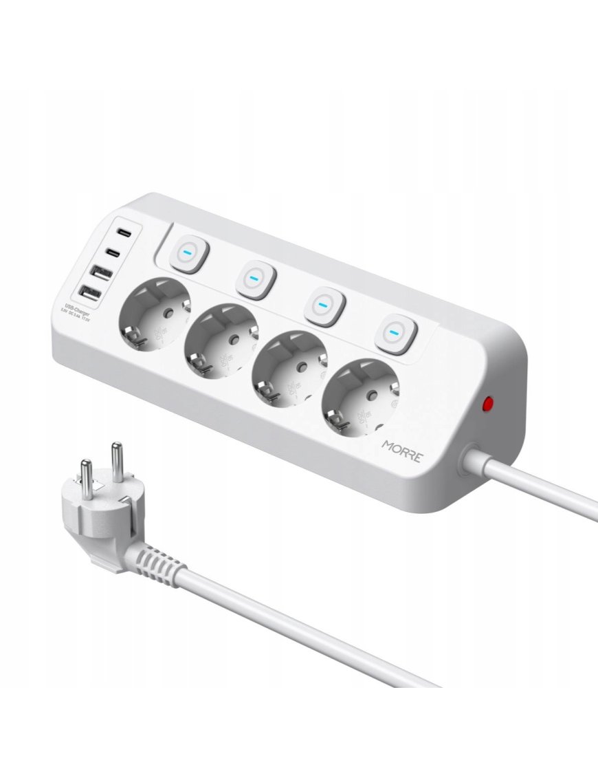 Narożna listwa zasilająca MORRE M412 8w1 – 4 gniazda 230 V + 2× USB-A + 2× USB-C, indywidualne wyłączniki, przewód 2 m, czarna