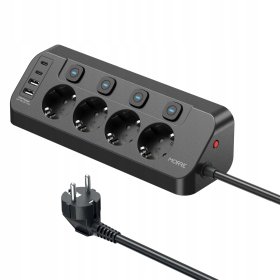 Narożna listwa zasilająca MORRE M412 (Tiross) 8w1: 4 gniazda 230V + 4 porty USB (2x USB-A, 2x USB-C), 2 m, czarna