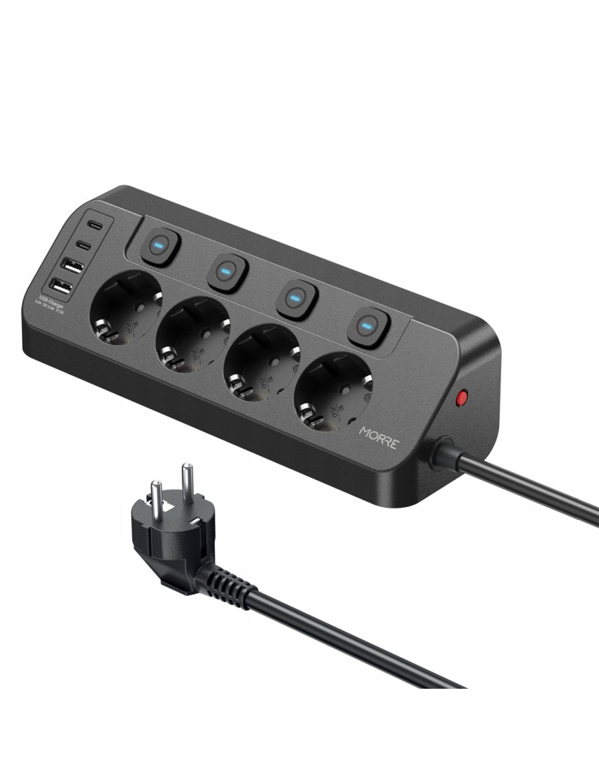 Narożna listwa zasilająca MORRE M412 (Tiross) 8w1: 4 gniazda 230V + 4 porty USB (2x USB-A, 2x USB-C), 2 m, czarna