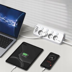 Narożna listwa zasilająca MORRE M412 (Tiross) 8w1: 4 gniazda 230V + 4 porty USB (2x USB-A, 2x USB-C), 2 m, czarna