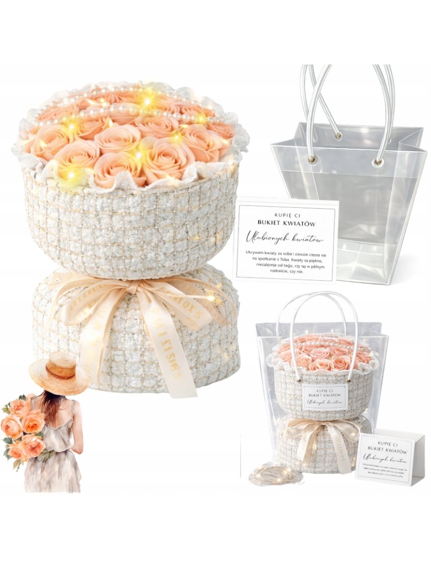 BUKIET MYDLANE RÓŻE RÓŻA LED PREZENT Z TOREBKĄ I BILECIKIEM NA DZIEŃ KOBIET