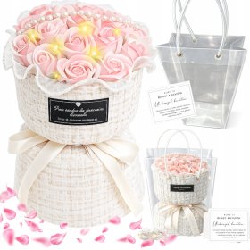 BUKIET MYDLANE RÓŻE RÓŻA LED PREZENT Z TOREBKĄ I BILECIKIEM NA DZIEŃ KOBIET