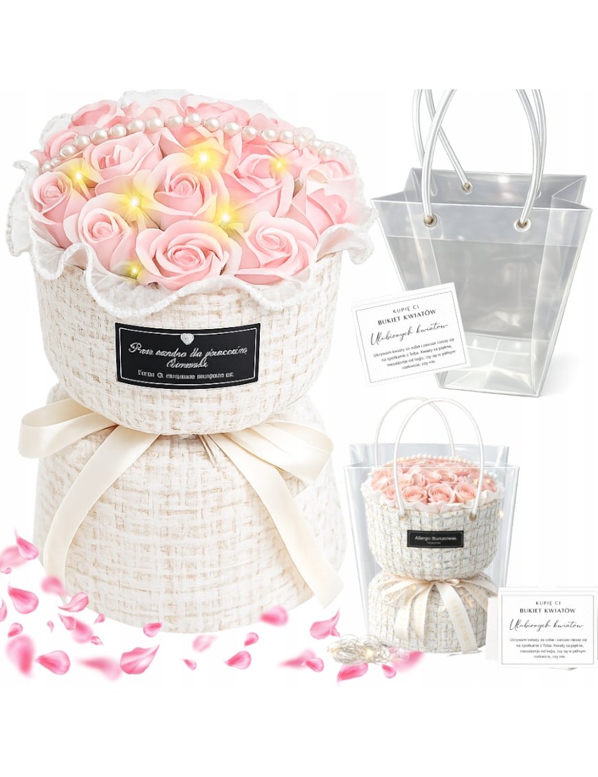 BUKIET MYDLANE RÓŻE RÓŻA LED PREZENT Z TOREBKĄ I BILECIKIEM NA DZIEŃ KOBIET