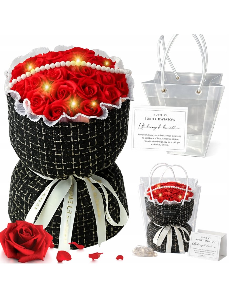 BUKIET MYDLANE RÓŻE RÓŻA LED PREZENT Z TOREBKĄ I BILECIKIEM NA DZIEŃ KOBIET