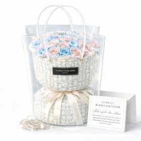 BUKIET MYDLANE RÓŻE RÓŻA LED PREZENT Z TOREBKĄ I BILECIKIEM NA DZIEŃ KOBIET